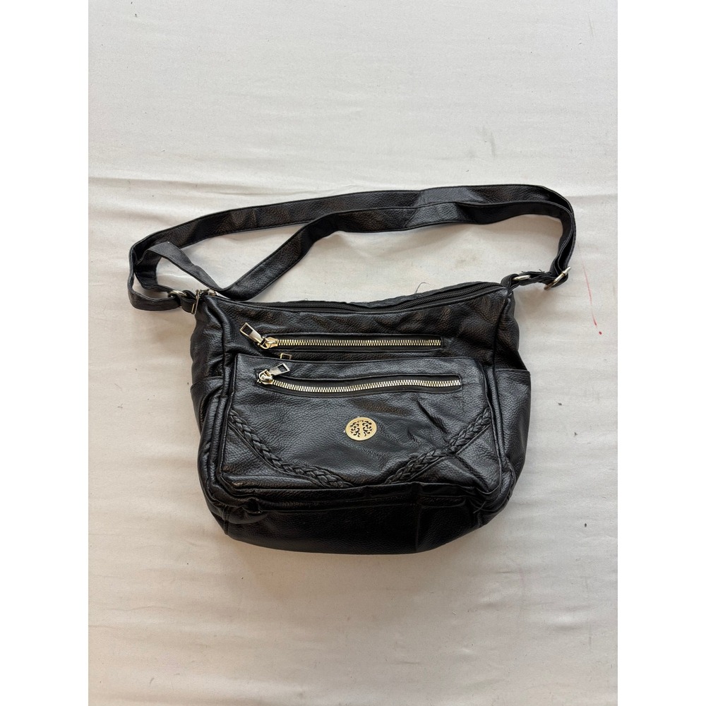 Black Pebbled Faux Leather Multi Pocket Crossbody Bag Braided Trim Gold Tree